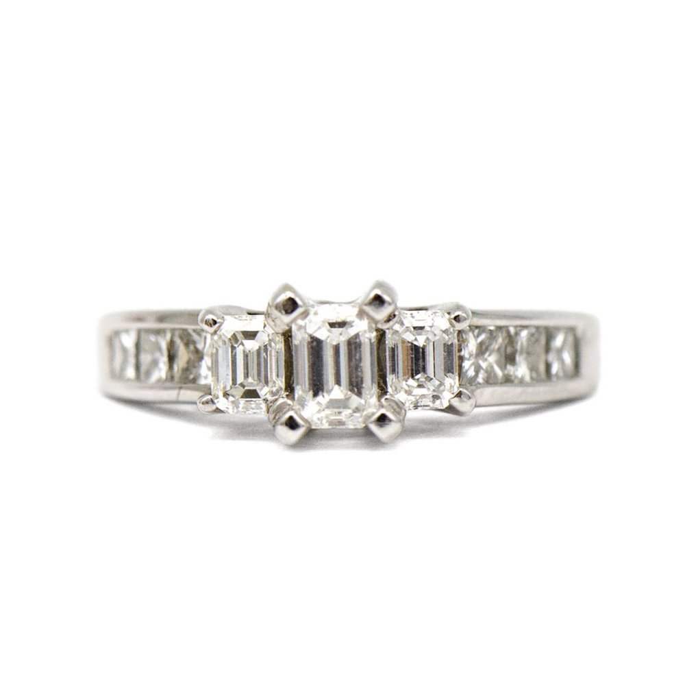 14k White Gold Emerald Cut Three Stone Ring